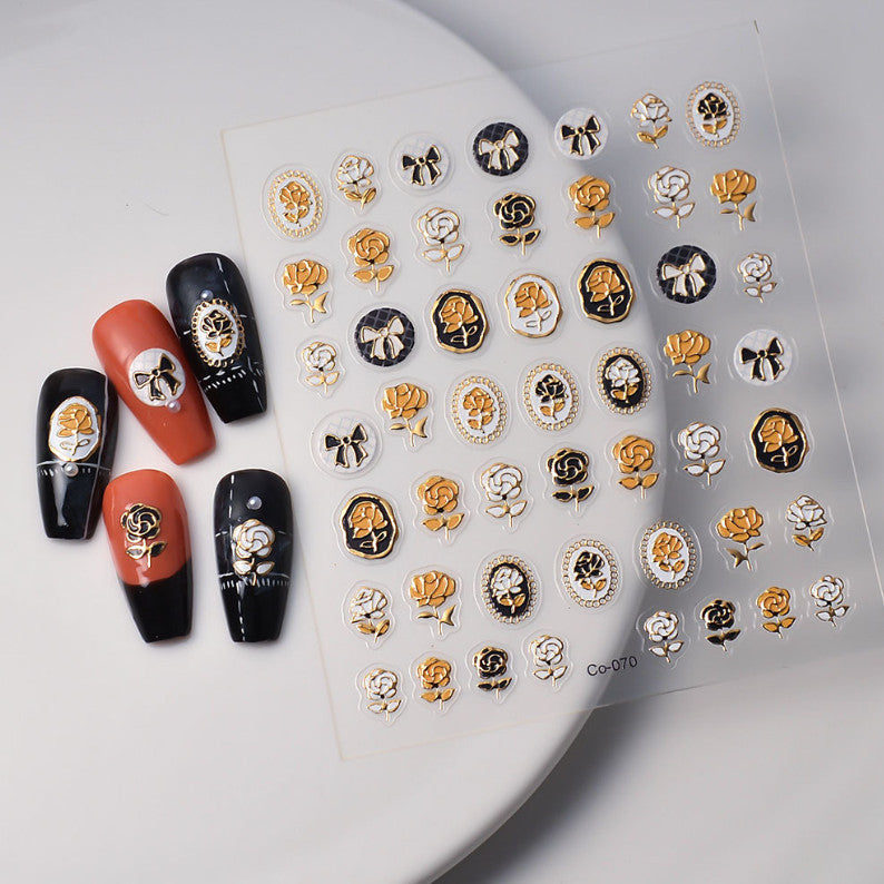 Retro Golden Rose Nail Art Sticker - Embossed Floral Design for Nails