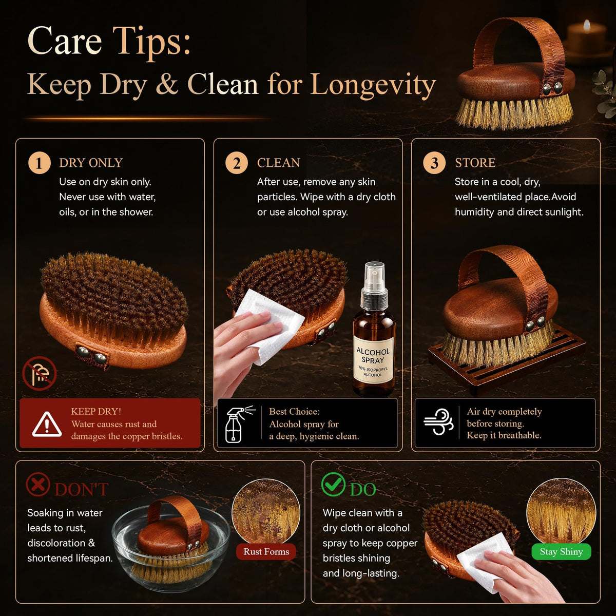 Dry Body Brush with Ebony Wood & Copper Bristles for Exfoliation & Circulation