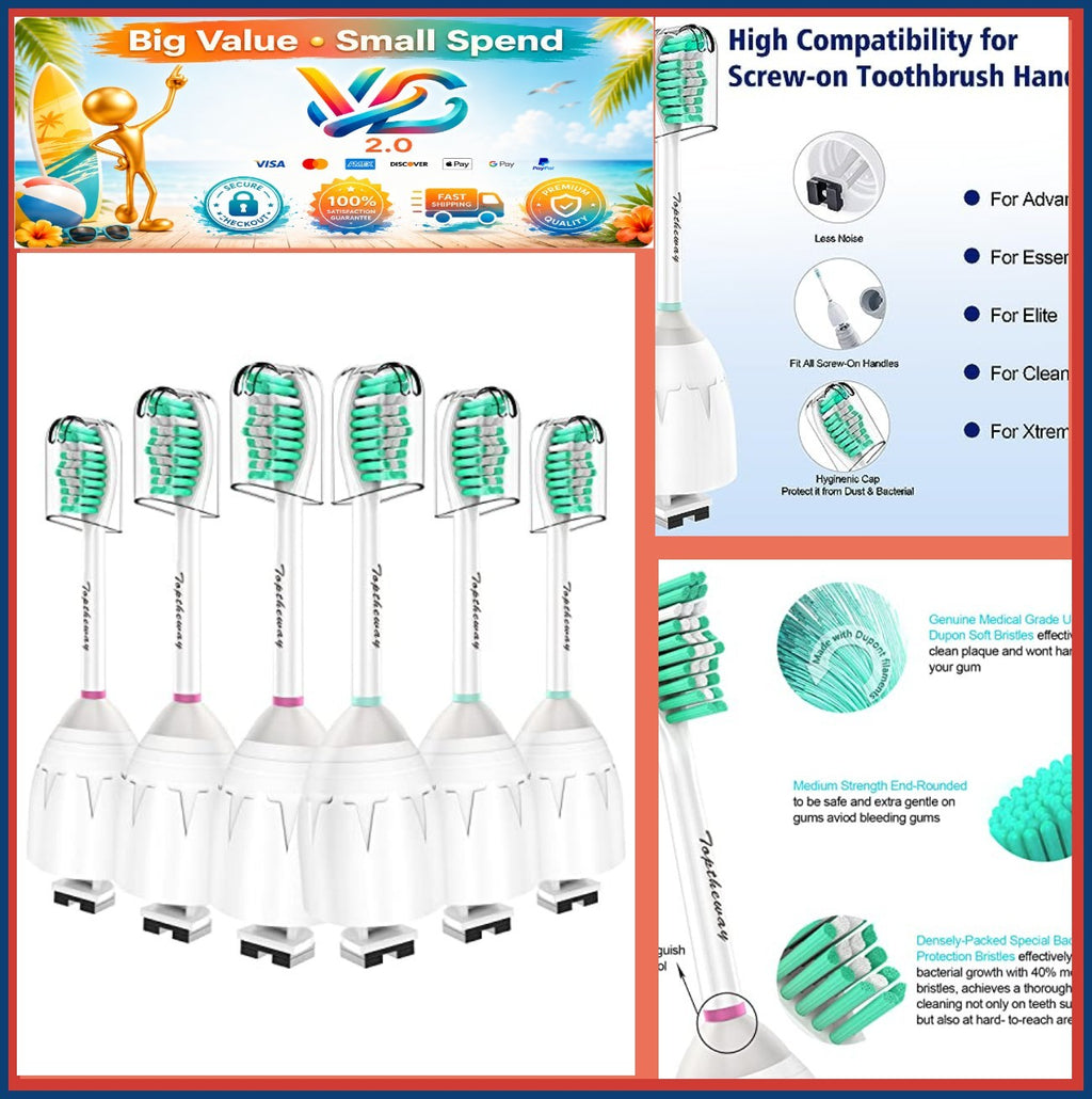 6 Pack Soft Green Sonicare Replacement Brush Heads - Compatible with Screw-On Handles