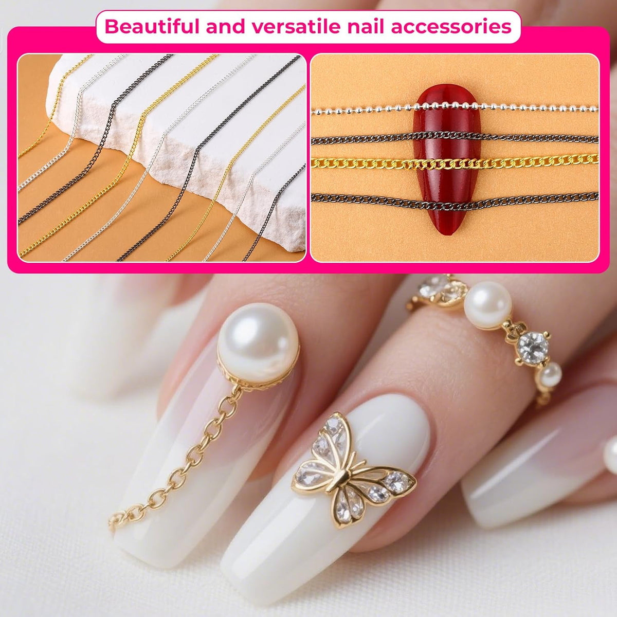 Metal Nail Art Chains Set - Gold, Silver & Gray DIY Manicure Accessories
