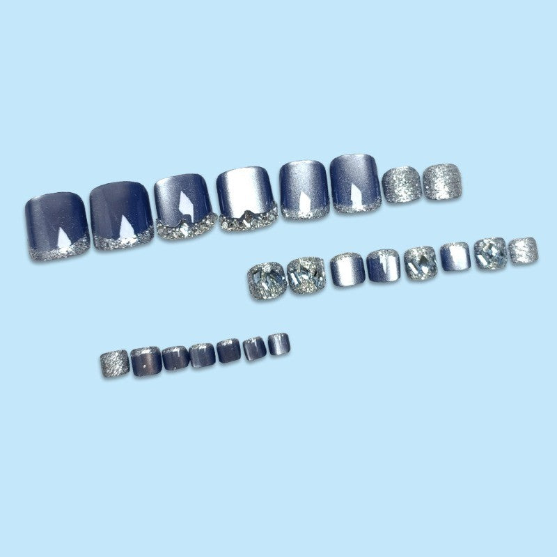48Pcs Short Square Dark Blue Cat Eye Rhinestone Glitter Press-On Nails
