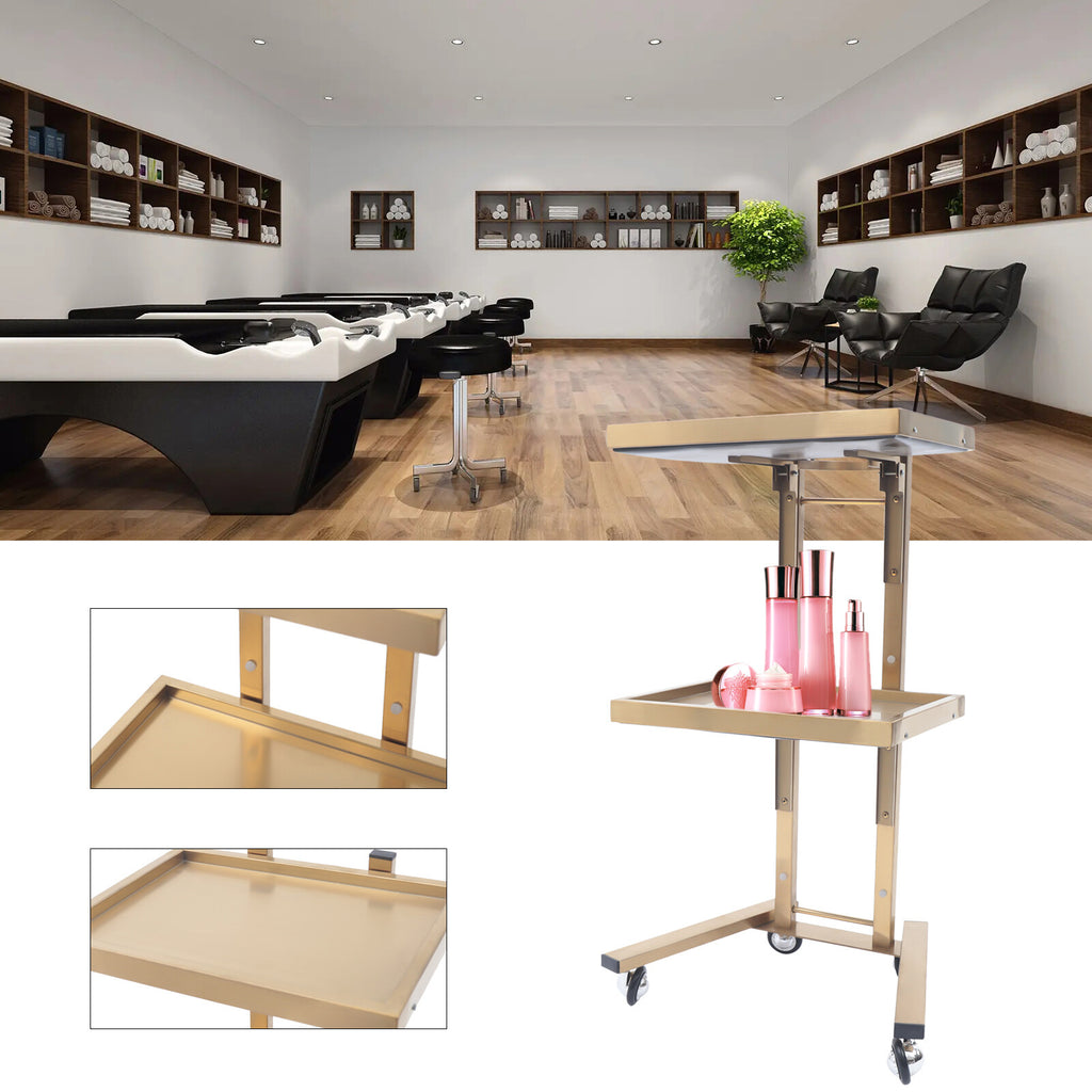 2-Tier Gold Stainless Steel Salon Trolley Cart with Foldable Tray and Wheels