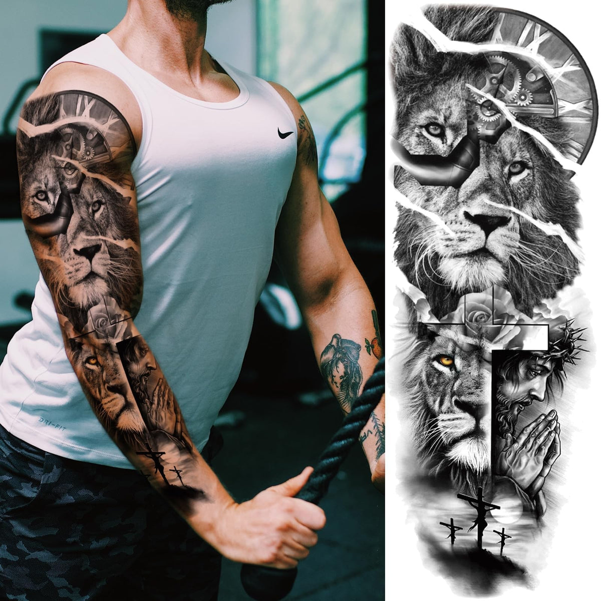 Christian Cross Temporary Tattoo Sleeve for Men – 4-Sheet Full Arm Religious Tattoo Kit