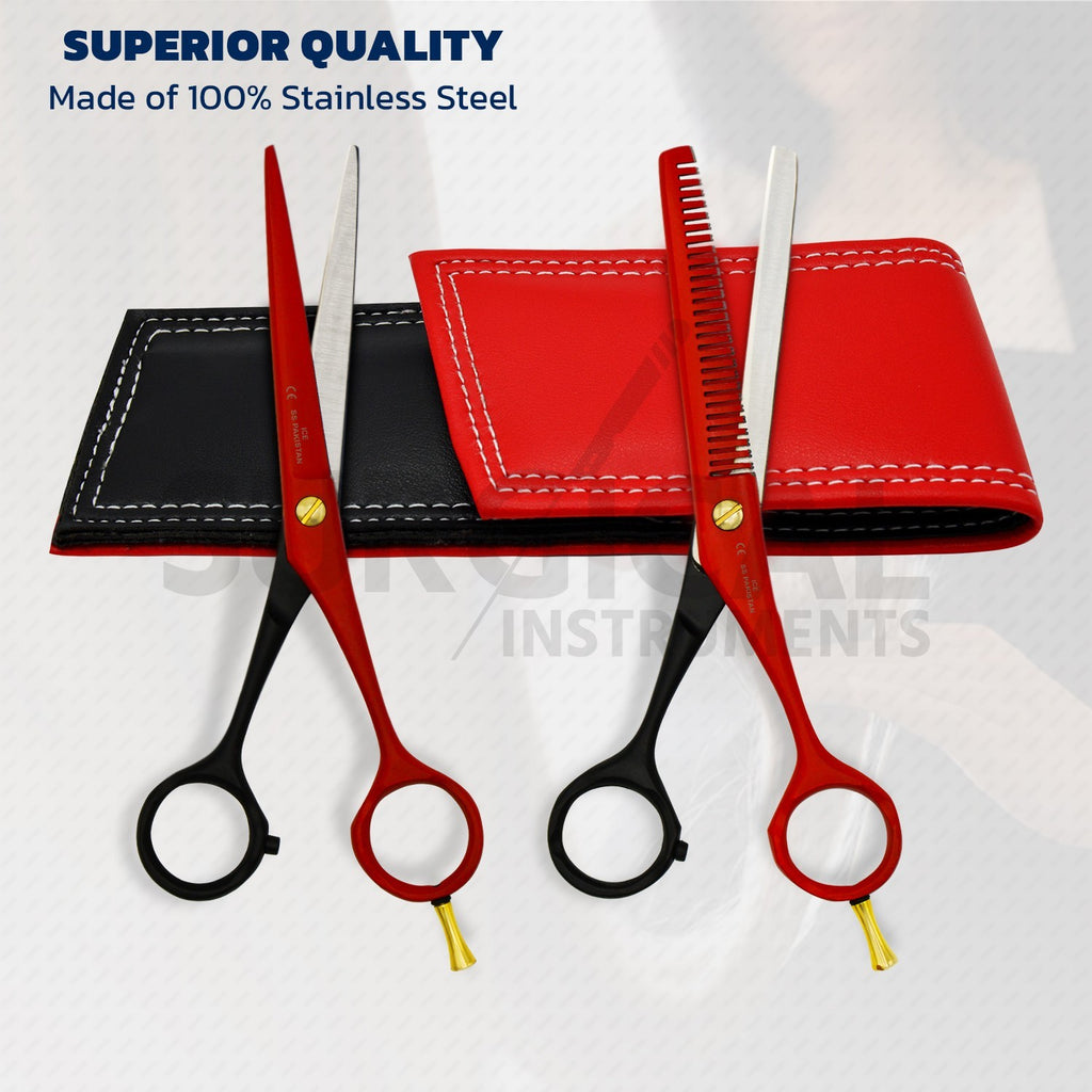 6-inch Professional Hair Cutting & Thinning Scissors Set - Red & Black