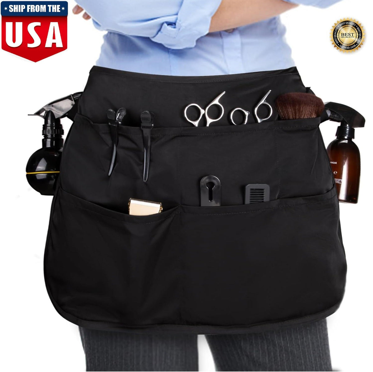 Waterproof Hair Stylist Apron with 5 Pockets, Adjustable Half Waist Salon Apron