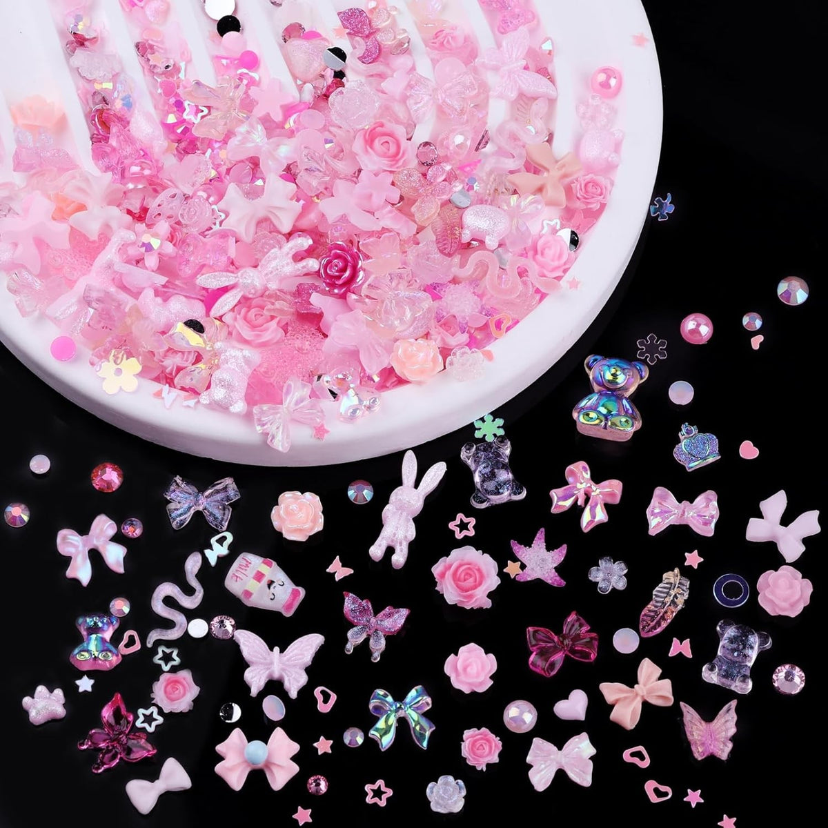 300pcs Nail Art Charms Kit with Resin Gems & Pink Decorations for Manicure