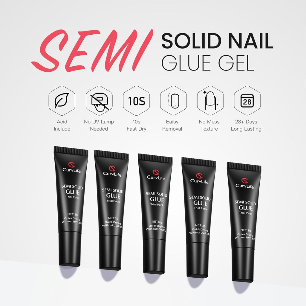 Semi Solid Nail Glue 2g - Strong Fast-Drying Adhesive for Nail Tips, 5-Pack