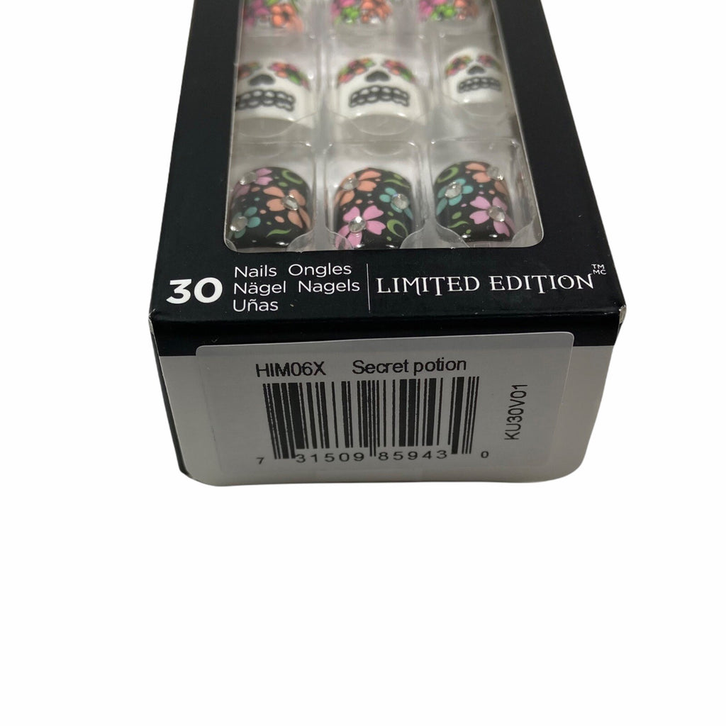 Short Gel Press On Manicure with Sugar Skull Floral Halloween Design