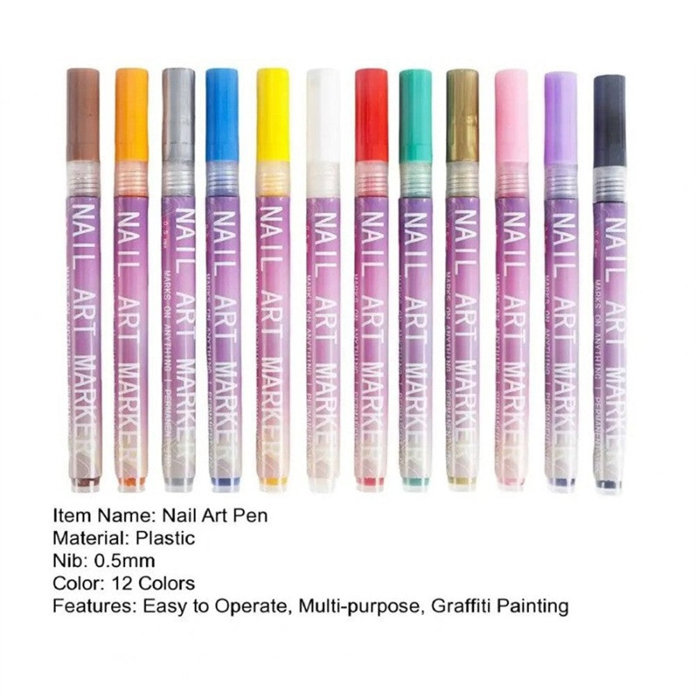 12-Color Nail Art Pens Set for DIY Gel and Acrylic Nail Designs