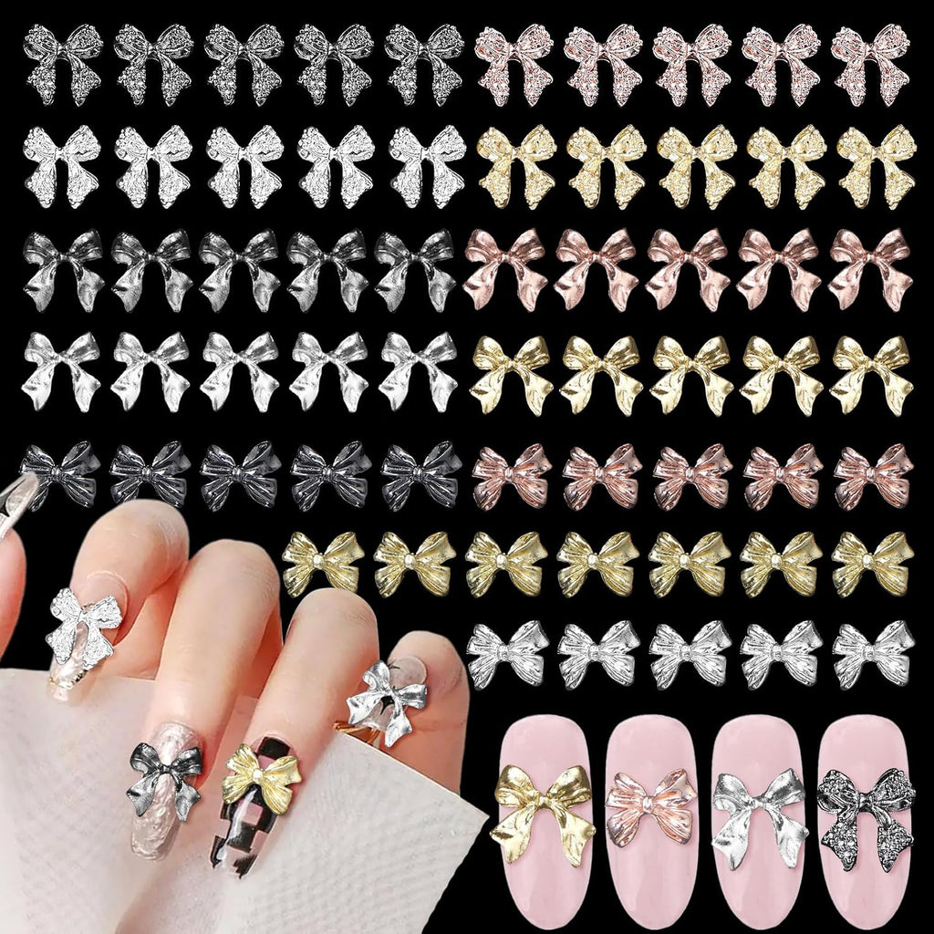 Metal Bow Nail Charms 60 Pcs for Nail Art - 12 Styles Silver Gold Black
