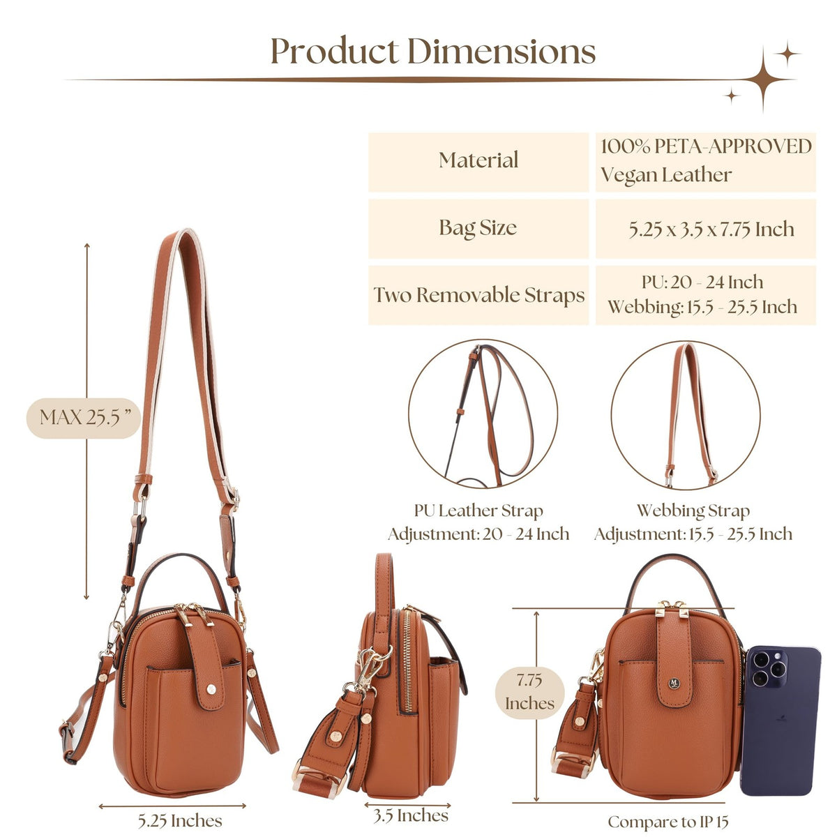 Vegan Leather Crossbody Bag for Women Multi-Compartment Tan