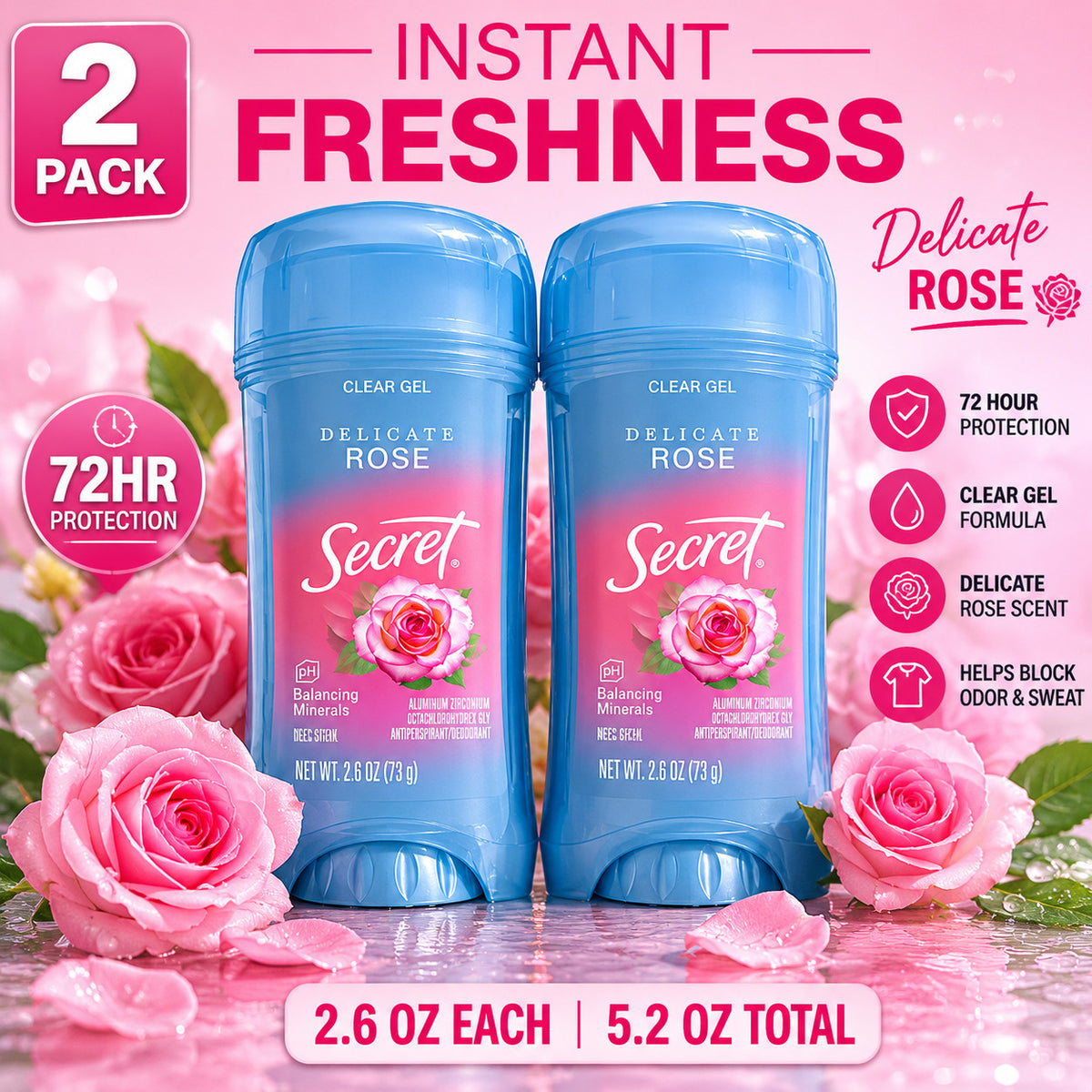 Secret Delicate Rose Clear Gel Antiperspirant Deodorant 72HR Protection 2 Pack