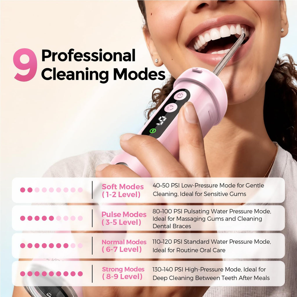 Mini Water Flosser for Travel - 9 Pressure Settings, Rechargeable & Waterproof