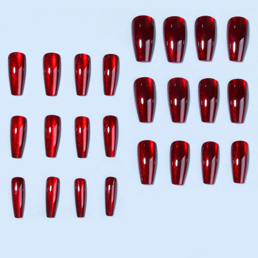 Medium Red Cat Eye Coffin Nail Tips - Full Cover Press-On Set