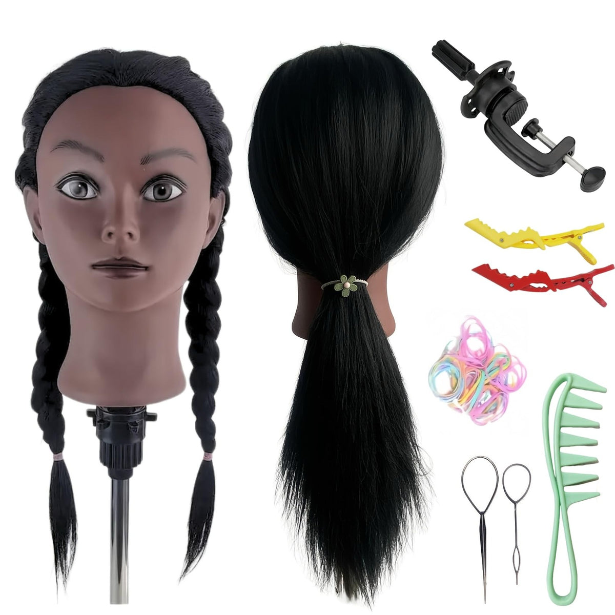 Black Mannequin Head for Hair Braiding Cosmetology Practice - 21 Inch Layered Synthetic Hair