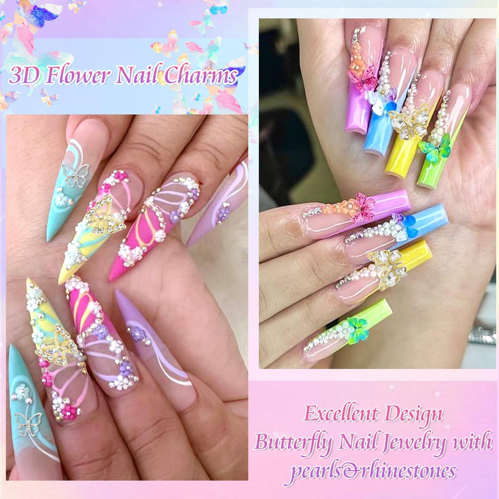 Colorful 3D Flower Nail Charms with Butterfly Accents for Nails Art