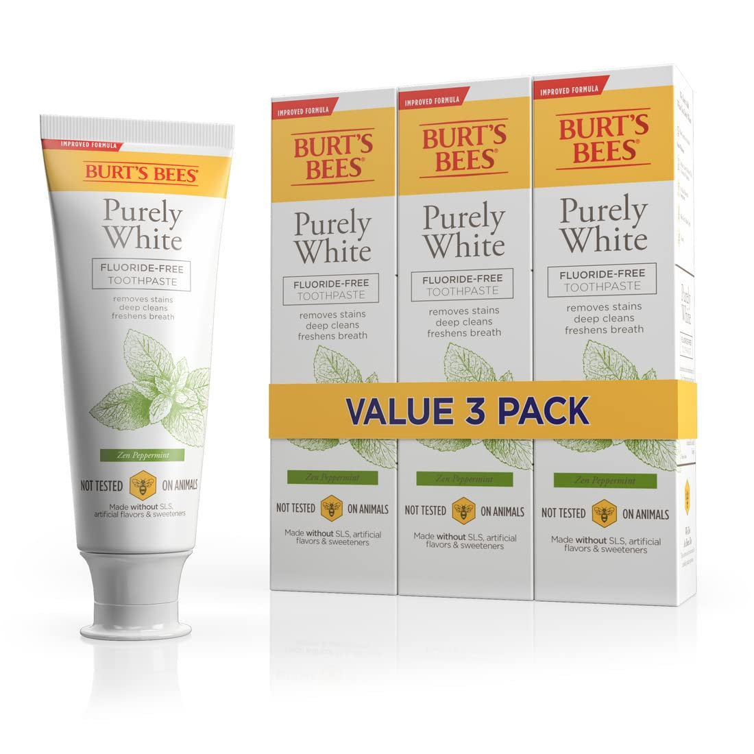 Fluoride-Free Natural Toothpaste with Peppermint - 3-Pack, Purely White & Stain Remover