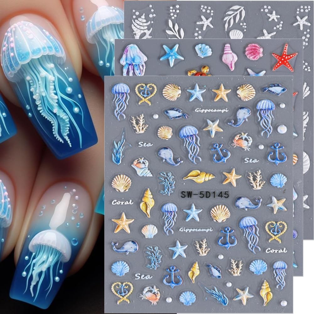 Summer Ocean Nail Stickers - 5D Embossed Shell & Sea Creatures Decals