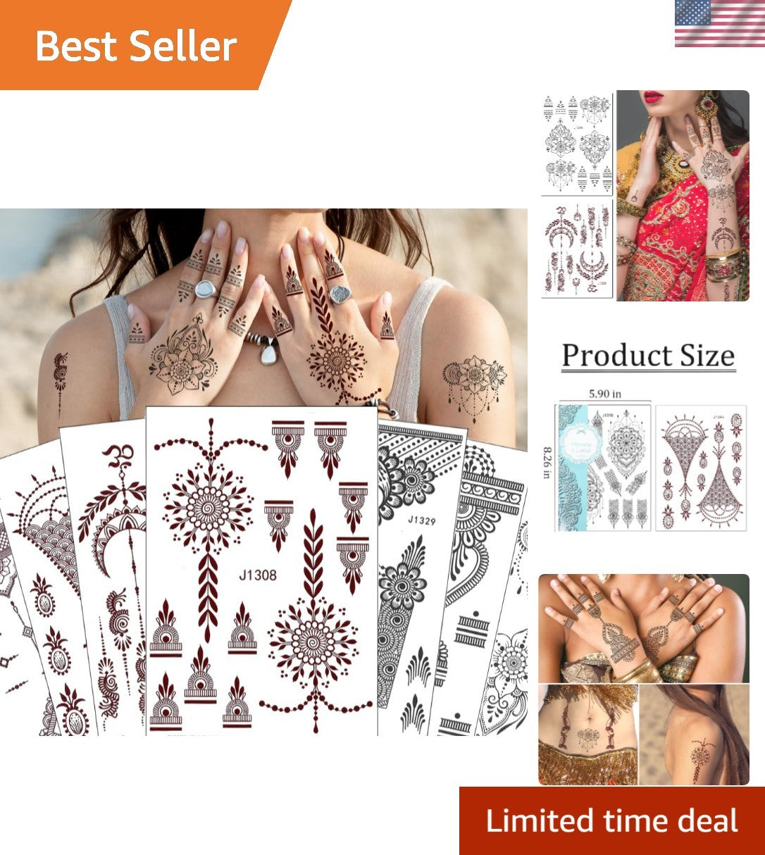 Versatile Henna Tattoo Stickers Kit – 12 Waterproof Sheets for Parties
