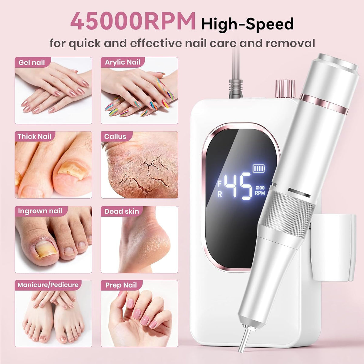 Professional Cordless Nail Drill Machine for Acrylic & Gel Nails - Slow Vibration, Gris
