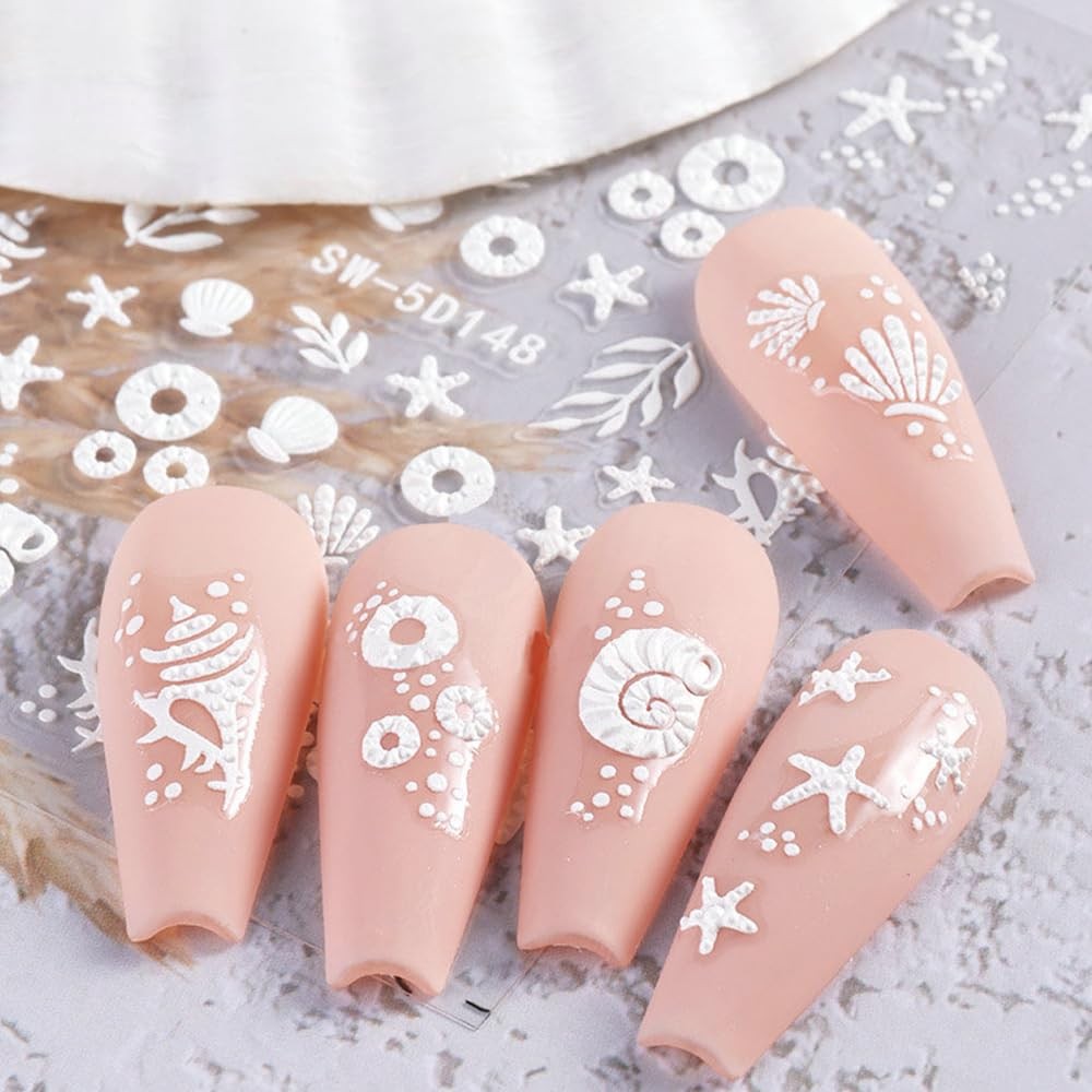 Summer Ocean Nail Stickers - 5D Embossed Shell & Sea Creatures Decals