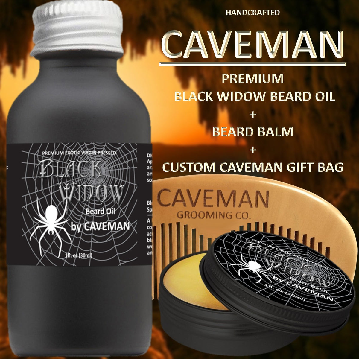 Premium Beard Oil Set with Balm and Wooden Comb - Caveman Black Widow Edition