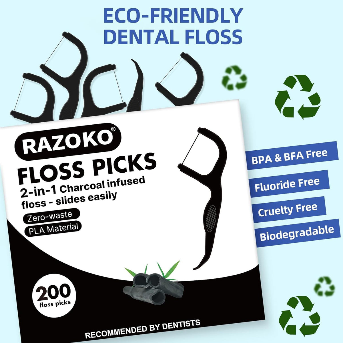 Biodegradable Charcoal Dental Floss Picks Eco-Friendly Bamboo Toothpick & Floss