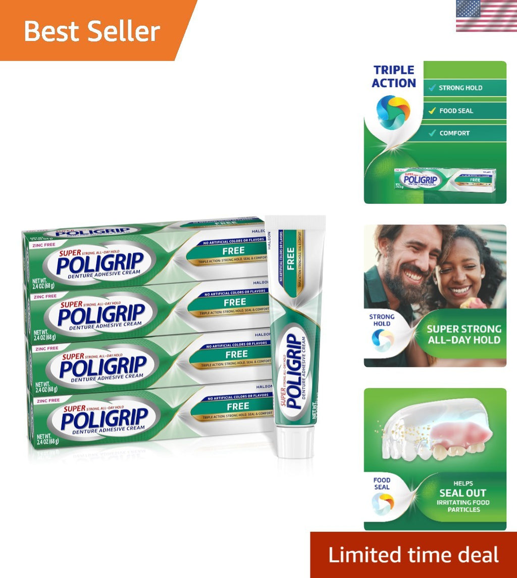 Zinc-Free Denture Adhesive Cream 4-Pack - Strong Hold & Food Seal