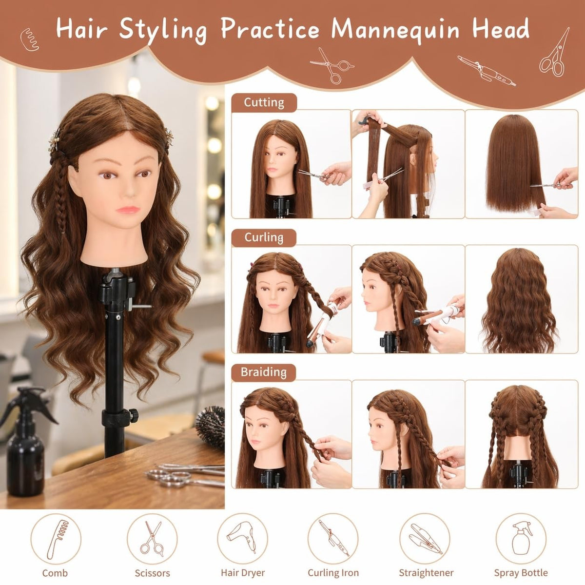 Real Human Hair Mannequin Head for Hair Styling Practice 22-24 Inches Dark Brown