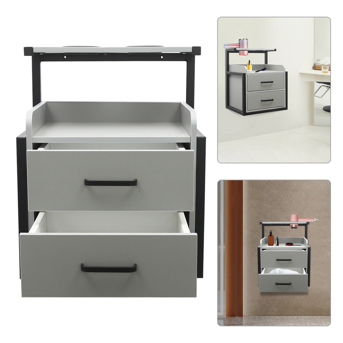 Wall-Mount Salon Station Cabinet with 2 Drawers for Beauty & Barber Shops