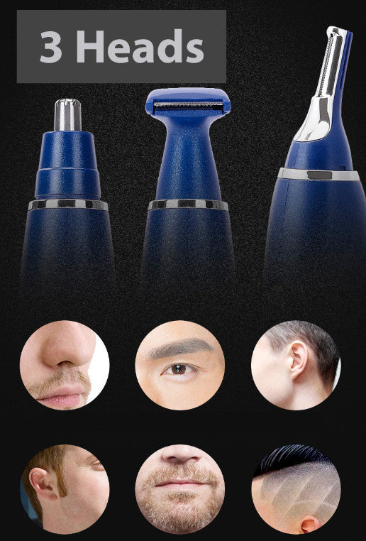 Electric Nose Ear Hair Trimmer with 3 Replaceable Heads - Waterproof & Portable