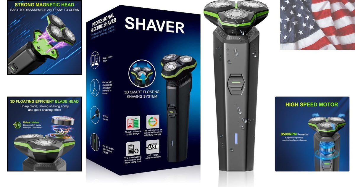 Men's Electric Shaver with 3D Floating Head, Detachable Magnetic Blade, Type-C Charging