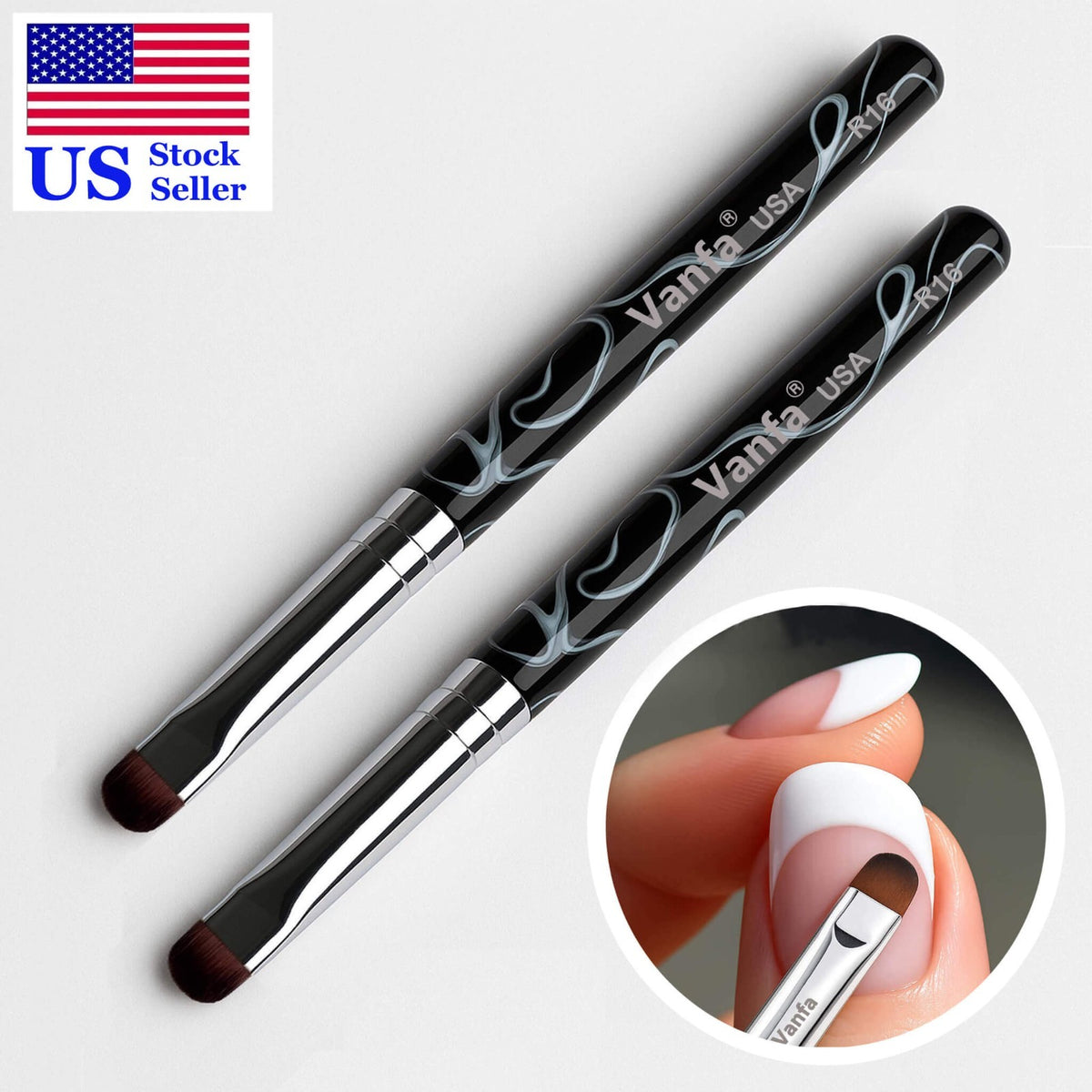 French Nail Brush Set with Black Handles - 2 Pack for Gel Cleanup