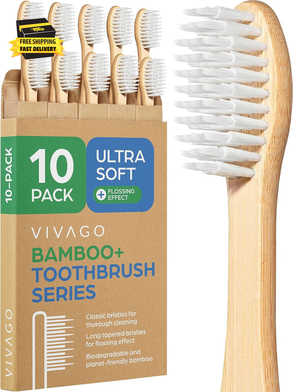 Extra Soft Adult Toothbrushes 10-Pack with Bamboo Handles & Flossing Effect