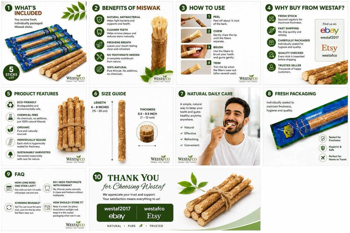 Natural Miswak Toothbrush Sticks 12 Pack for Oral Hygiene & Whitening