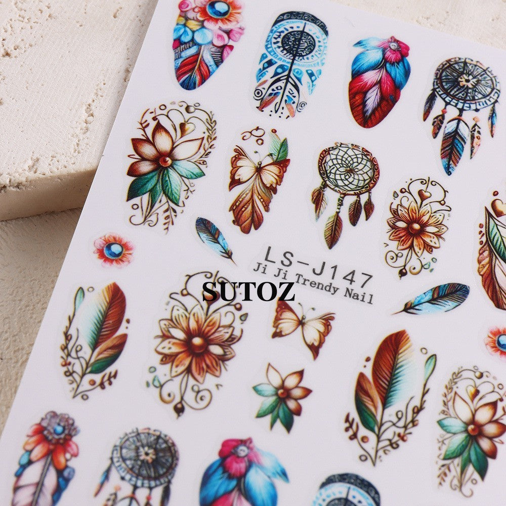 4 Sheets Nail Art Retro Bohemian Flower Stickers - Self Adhesive DIY Nail Decals