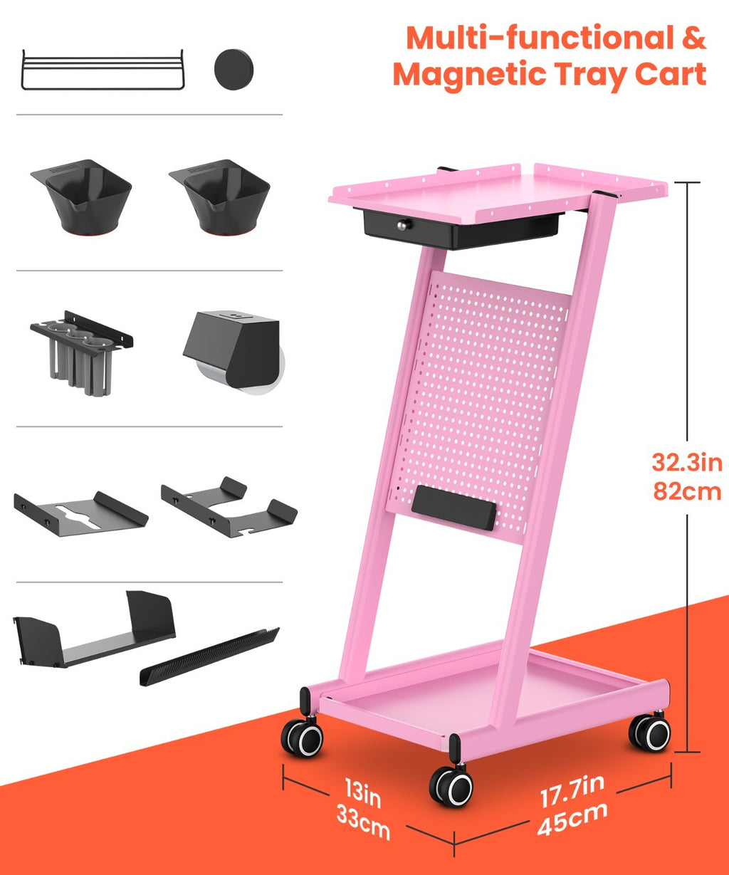 Metal Salon Trolley Cart with Drawer for Hairdressing Beauty Tattoo Pink