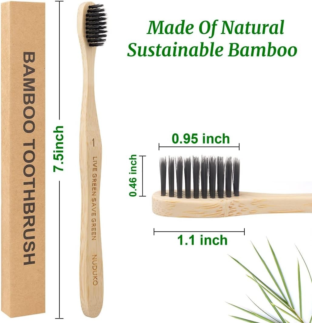 Eco-Friendly Bamboo Toothbrushes Pack of 10 with Charcoal Soft Bristles