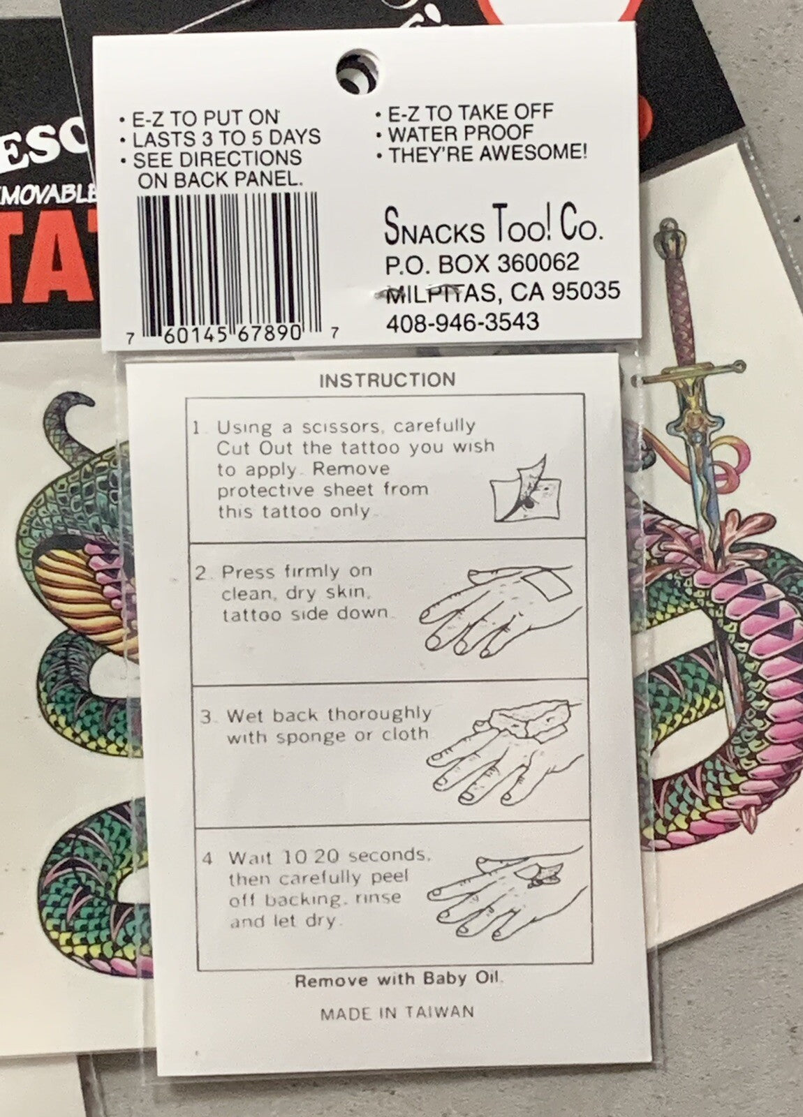 Vintage 4 Inch Serpent Skull Sword Temporary Tattoos