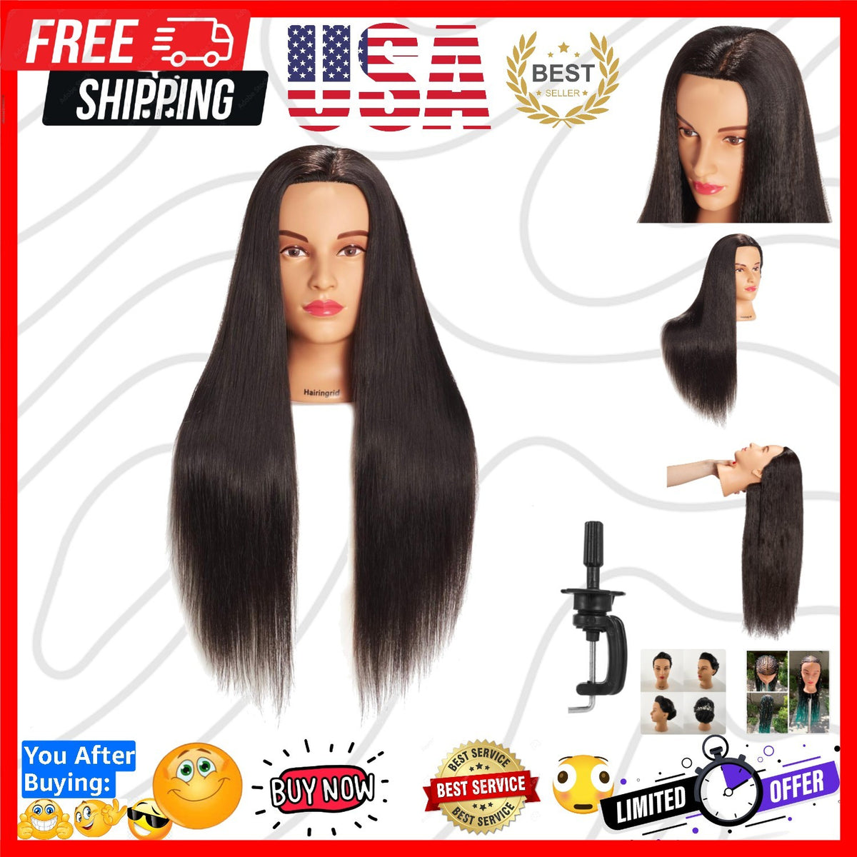 26-28 Inch Mannequin Head for Hair Styling Training Cosmetology Doll with Clamp