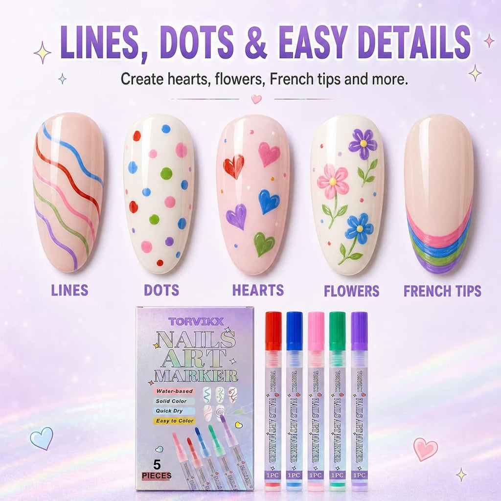 Vibrant Nail Art Pens Set for Kids & Adults - 5 Bright Colors for DIY Manicures