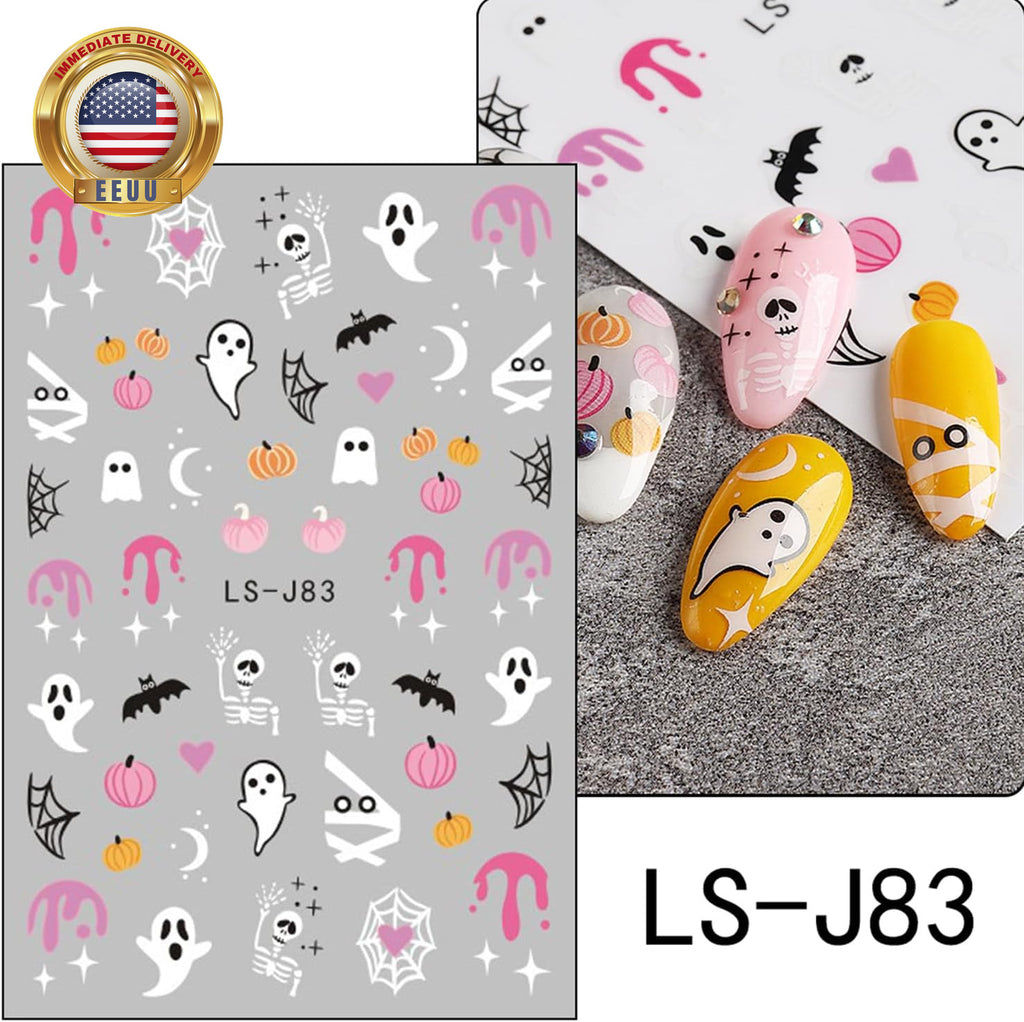 Halloween Nail Art Stickers Set - 6 Sheets with Pumpkin Ghost Skeleton Designs