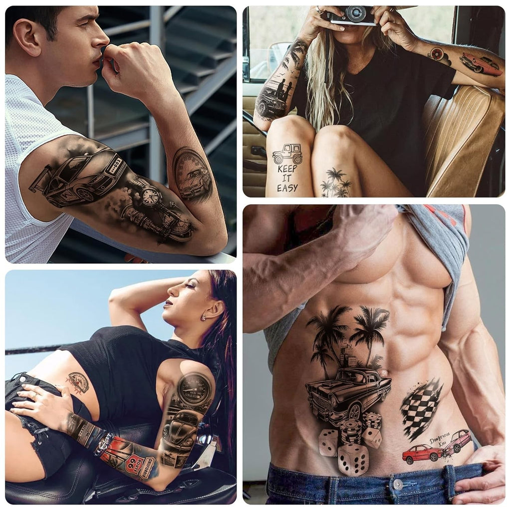Temporary Tattoos, 77 Sheets Cars Theme Set for Adults & Kids - Water Resistant