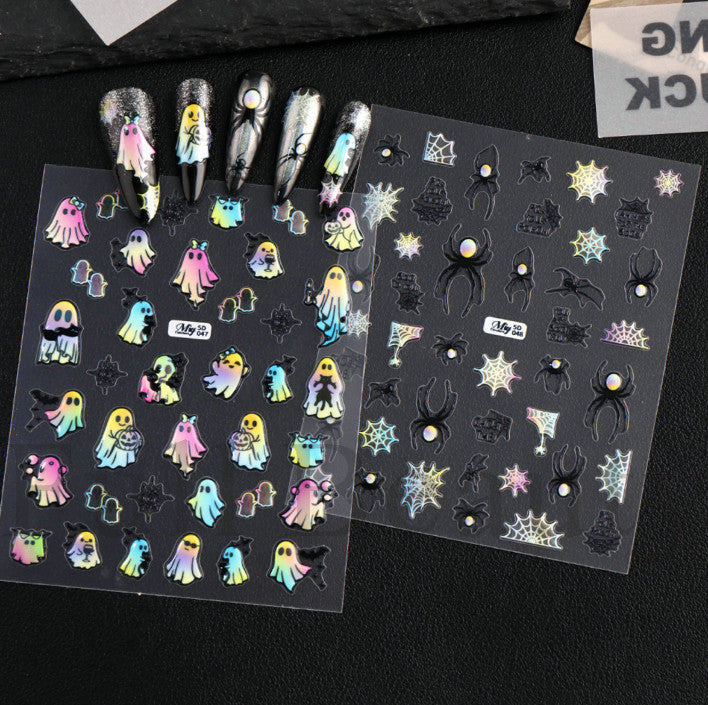 Rainbow Ghost Bat Cat Halloween Nail Stickers 2 Sheets 3D Embossed Decals