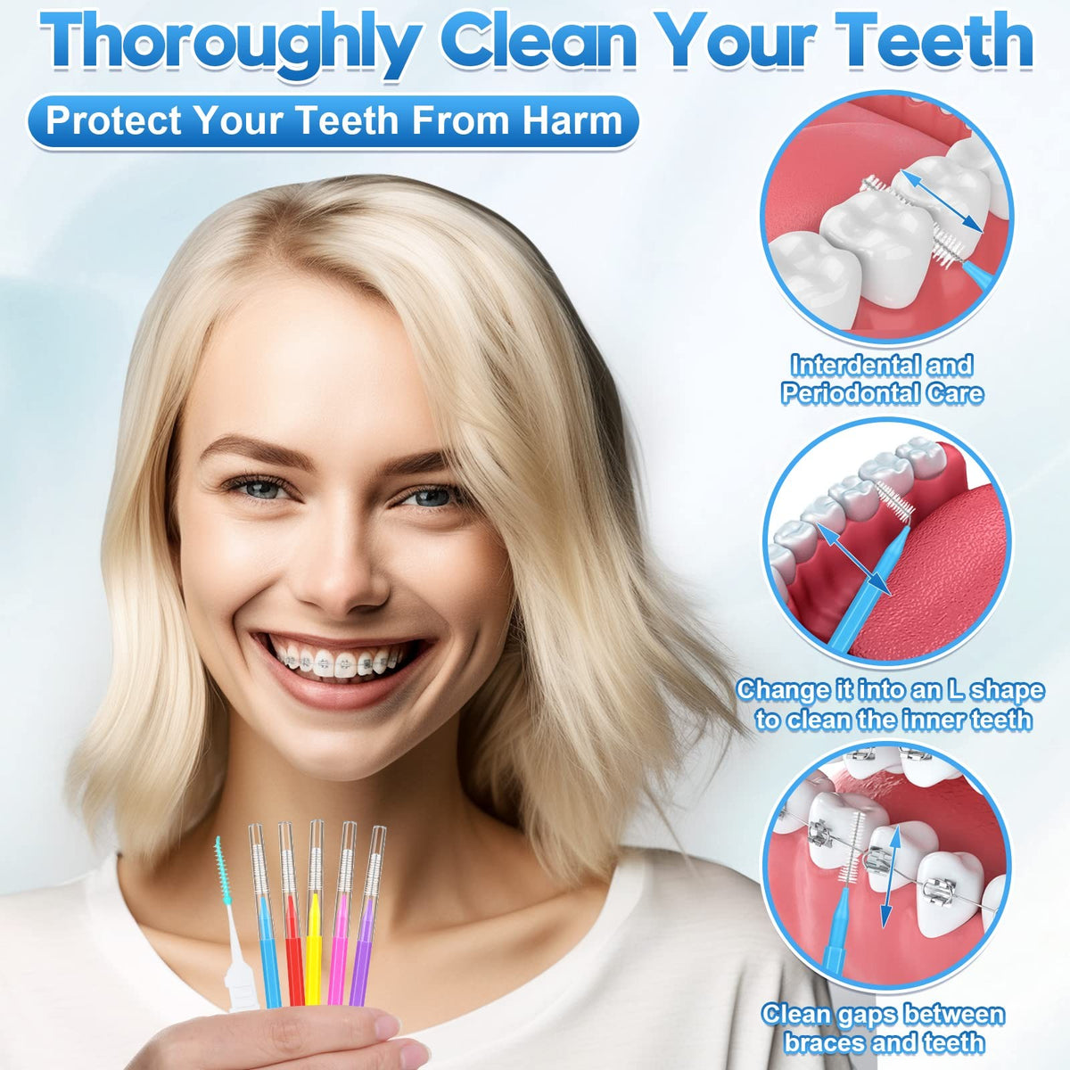 Interdental Brushes for Braces - 300 Pack Multi-Size Oral Care Set