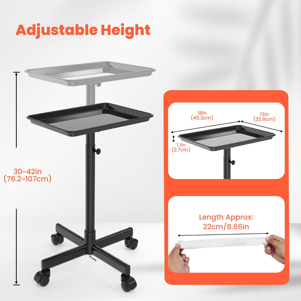 Adjustable Salon Trolley on Wheels Premium Aluminum Rolling Tray