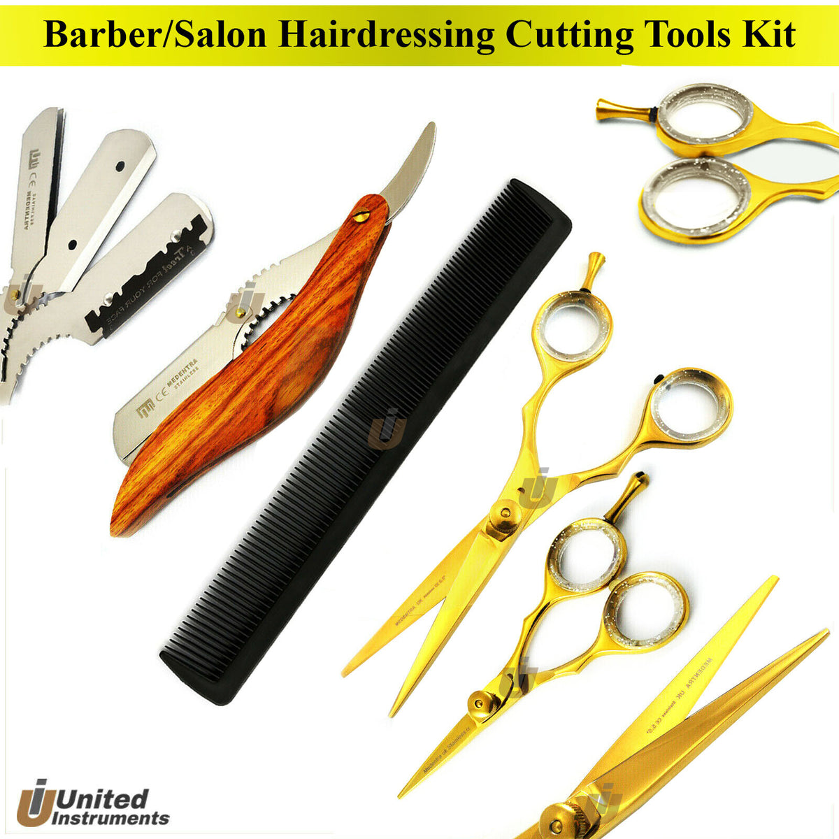 Professional Barber Hair Cutting Shears Razor & Comb Set - Gold & Black