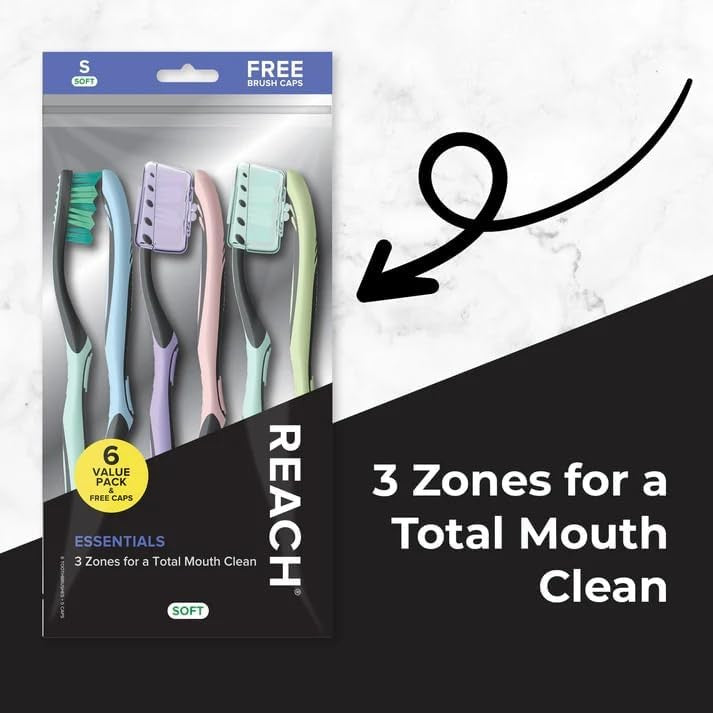 Reach Essential Soft Toothbrushes with Cap - 6 Pack for Family Oral Care