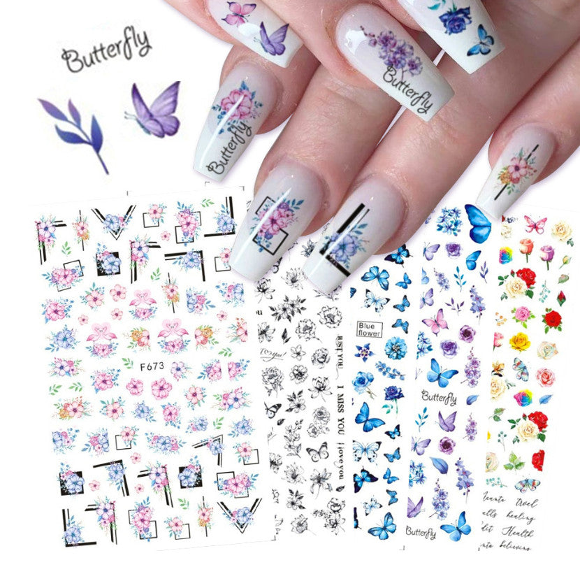3D Nail Stickers Decals Butterfly Rose Flower Cheetah Print for Nail Art