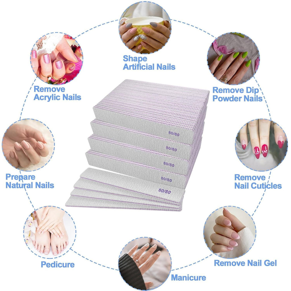 Coarse Nail Files 80/80 Grit - 100 Pack for Acrylic & Gel Nails
